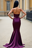 Mermaid Plum Satin Spaghetti Straps Long Prom Dress