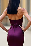 Mermaid Plum Satin Spaghetti Straps Long Prom Dress