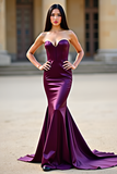Mermaid Plum Stretch Satin Strapless Sweetheart Long Prom Dress