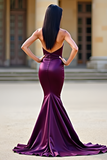 Mermaid Plum Stretch Satin Strapless Sweetheart Long Prom Dress