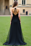 A Line Black Spaghetti Straps Long Prom Dress