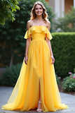 Chiffon Yellow A Line Off The Shoulder Prom Dress with Slit