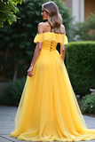 Chiffon Yellow A Line Off The Shoulder Prom Dress with Slit