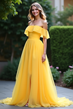 Chiffon Yellow A Line Off The Shoulder Prom Dress with Slit