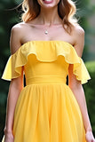 Chiffon Yellow A Line Off The Shoulder Prom Dress with Slit