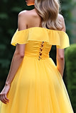 Chiffon Yellow A Line Off The Shoulder Prom Dress with Slit