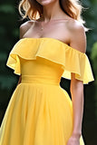 Chiffon Yellow A Line Off The Shoulder Prom Dress with Slit