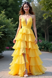 Yellow A Line Spaghetti Straps Tiered Long Prom Dress with Slit