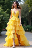 Yellow A Line Spaghetti Straps Tiered Long Prom Dress with Slit