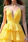 Yellow A Line Spaghetti Straps Tiered Long Prom Dress with Slit