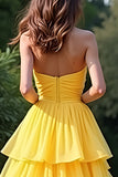 Yellow A Line Spaghetti Straps Tiered Long Prom Dress with Slit