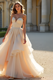 A Line Champagne Sweetheart Strapless Organza Prom Dress