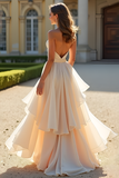 A Line Champagne Sweetheart Strapless Organza Prom Dress