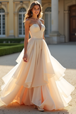 A Line Champagne Sweetheart Strapless Organza Prom Dress