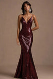 Burgundy V-Neck Long Formal Dress With Sequins