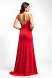 Spaghetti Straps Red Matte Satin Sheath Prom Dress with Slit