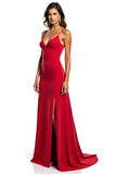 Red Matte Satin Spaghetti Straps Sheath Prom Dress with Slit