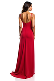 Red Matte Satin Spaghetti Straps Sheath Prom Dress with Slit