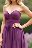 Chiffon Strapless Plum A Line Long Prom Dress with Slit