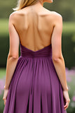 Chiffon Strapless Plum A Line Long Prom Dress with Slit
