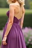 Chiffon Strapless Plum A Line Long Prom Dress with Slit