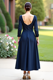 Navy A Line Wedding Guest Dress with Long Sleeves
