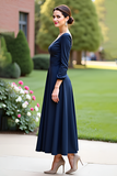 Navy A Line Wedding Guest Dress with Long Sleeves