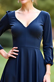 Navy A Line Wedding Guest Dress with Long Sleeves