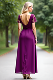 Lace V-Neck A Line Long Plum Wedding Guest Dress