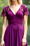 Lace V-Neck A Line Long Plum Wedding Guest Dress