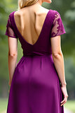 Lace V-Neck A Line Long Plum Wedding Guest Dress
