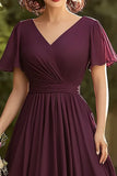 V Neck Burgundy A Line Pleated Wedding Guest Dress