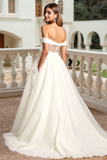 Ivory Satin Off The Shoulder A Line Wedding Dress
