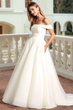 Ivory Satin Off The Shoulder A Line Wedding Dress