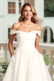 Ivory Satin Off The Shoulder A Line Wedding Dress
