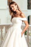 Ivory Satin Off The Shoulder A Line Wedding Dress