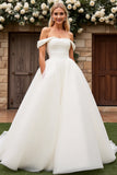 Ivory A Line Off The Shoulder Satin Long Wedding Dress
