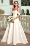 Off The Shoulder Satin Ivory Wedding Dress with Bows