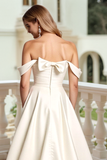 Off The Shoulder Satin Ivory Wedding Dress with Bows