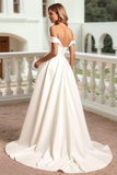 Ivory Cold Shoulder A Line Long Wedding Dress