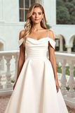 Ivory Cold Shoulder A Line Long Wedding Dress