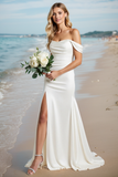 Ivory Off The Shoulder Bodycon Wedding Dress with Slit