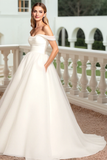 Simple A Line Off The Shoulder Ivory Long Wedding Dress