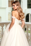 Simple A Line Off The Shoulder Ivory Long Wedding Dress