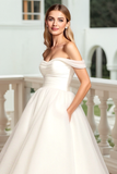 Simple A Line Off The Shoulder Ivory Long Wedding Dress