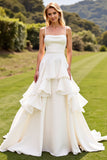 Ivory A Line Ruffled Spaghetti Straps Wedding Dress