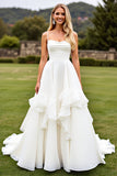 Ivory Ruffled A Line Long Wedding Dress