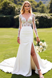 Lace Mermaid Ivory Long Sleeves Wedding Dress with Slit