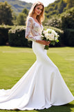 Lace Mermaid Ivory Long Sleeves Wedding Dress with Slit