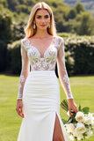 Lace Mermaid Ivory Long Sleeves Wedding Dress with Slit